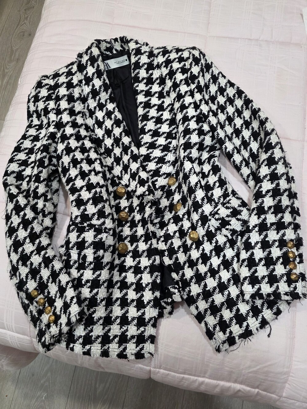 Zara Black & White Houndstooth Double-Breasted Blazer